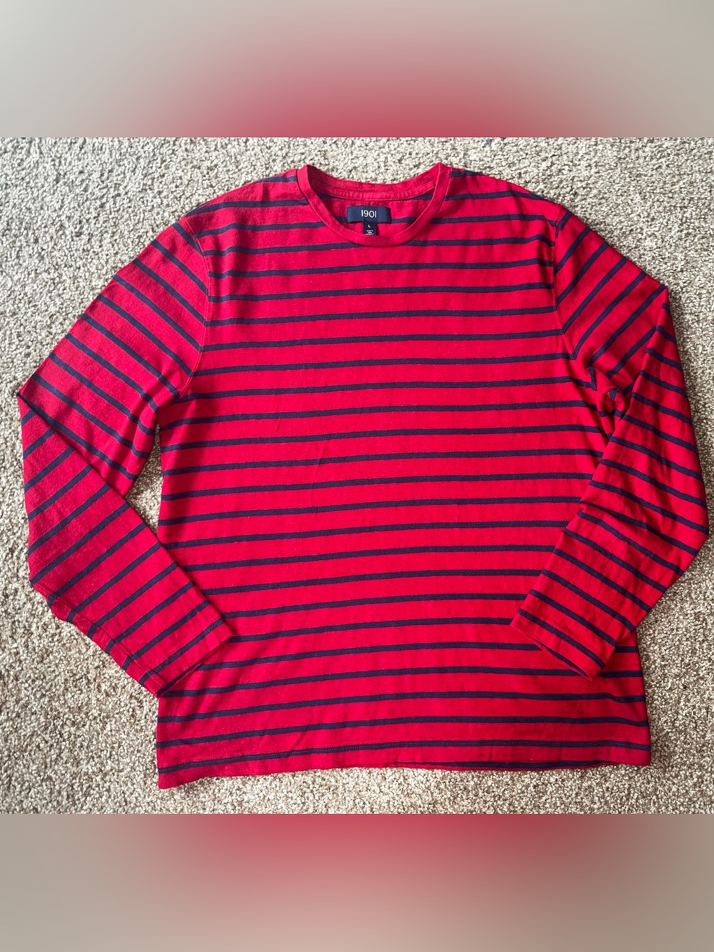 1901 Men's Cotton Knit Red/Blue Striped Long Sleeve Crew Neck T-Shirt L